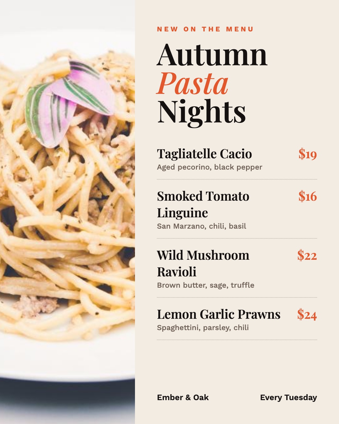 Restaurant new pasta menu announcement post template