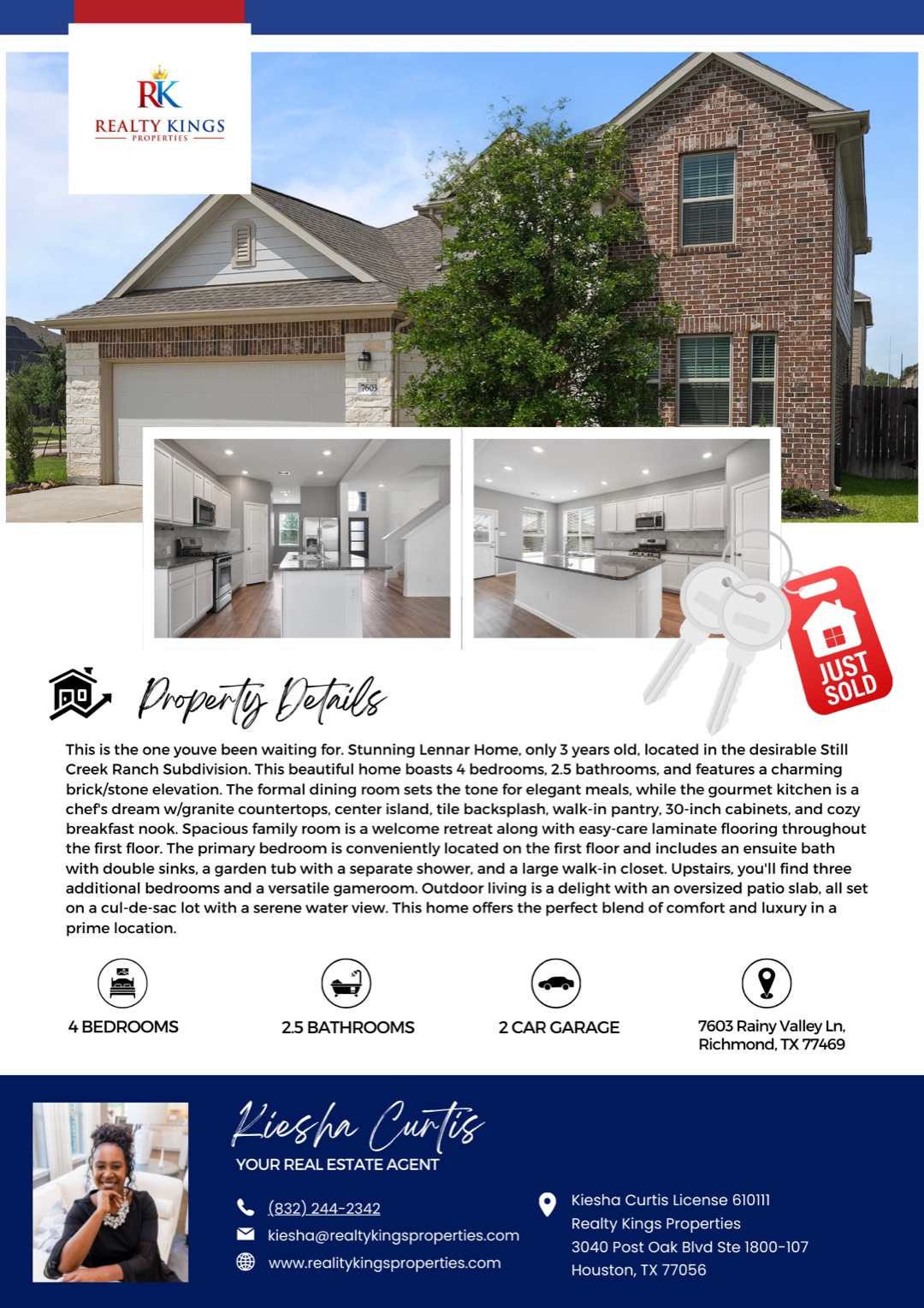 Realty Kings Just Sold property flyer with photos, property details, and agent contact