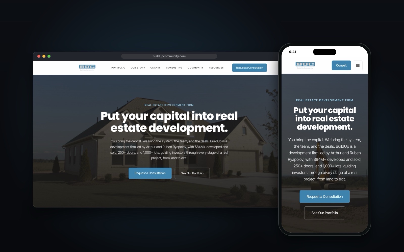 BuildUp real estate development website shown on desktop and mobile