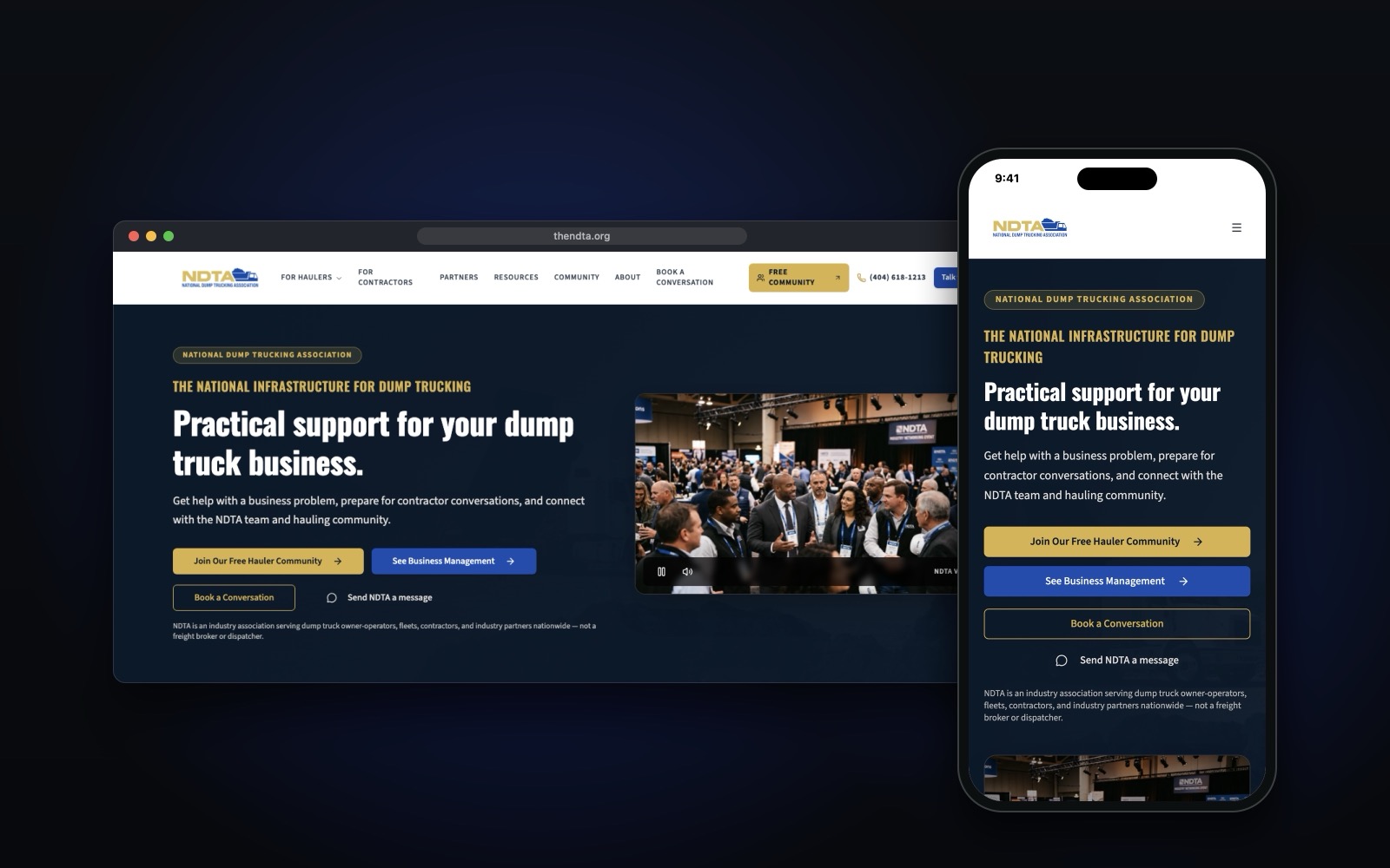 Dump Trucking Industry Network & Growth Platform shown on desktop and mobile