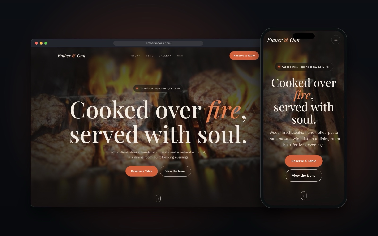 Ember & Oak Restaurant & Café website template shown on desktop and mobile