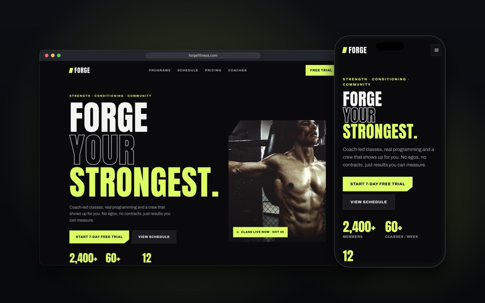 Forge Fitness Gym & Coaching website template shown on desktop and mobile
